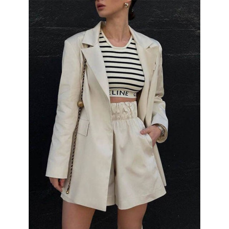 Women Casual Blazer 2 Piece Set Turn Down Collar Long Sleeve Blazer And High Waist Shorts Suits Autumn Streetwear Ladies Outfits