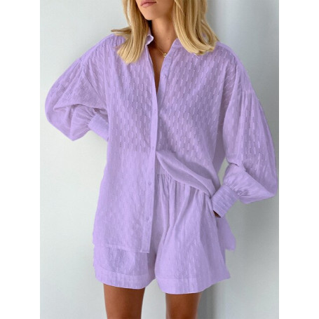 Autumn Loose Shorts Sets Women Shirt Jacquard Bubble Sleeve Tops Shorts Commuter Suit Women Casual White Two Piece Sets Women