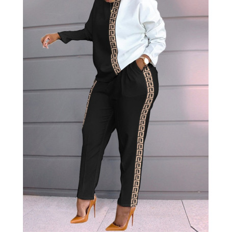 2 Two Piece Set Women Track Suit Fashion Patchwork O-Collar Long Sleeve Set Ladies Top & Long Pants Women Streetwear Set