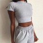 2 Pieces Set Women Summer O-Neck Casual Crop Top 2020 Female Clothing Tracksuit Pockets Loose Shorts Two Pieces