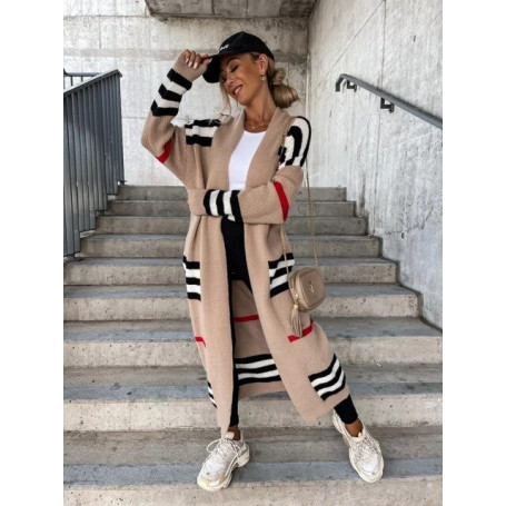 Winter High-end Striped Patchwork Sweet Young Wool Casual Office Lady Full Sleeve Open Stitch Women Nature X-Long Outwears