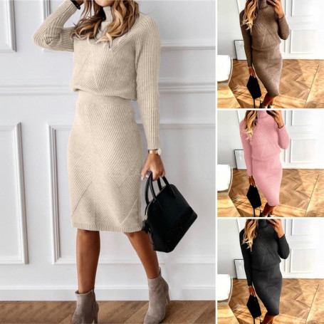 Sweater Skirt Set High Collar Crop Top Knee Length Sweater Skirt Suit Long Sleeves Lady Sweater Skirt Suit for Dating