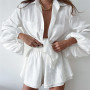 Ruffle Shorts Sets Two Pieces Women Lantern Sleeve White Tops Elastic Waist Shorts Woman Summer Suit Outfits