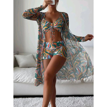 Tropical High Waist Bikinis Sexy 3Piece Bikini Set Cover Up Swimsuit for Women Long Sleeve Swimwear Beach Wear Bathing Suit