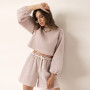 Spring and autumn round neck long-sleeved short tops lace-up shorts fashion two-piece suit