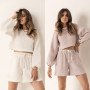 Spring and autumn round neck long-sleeved short tops lace-up shorts fashion two-piece suit