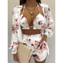 Summer Women Floral Print Three Piece Set Sexy Tank Coat And Shorts Slim Outfits Female Beach Casual Pocket Shorts Matching Suit