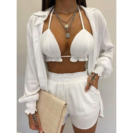 Summer Women Floral Print Three Piece Set Sexy Tank Coat And Shorts Slim Outfits Female Beach Casual Pocket Shorts Matching Suit