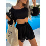 Sexy Beach Party Lace Shorts Outfits Square Collar Short Sleeve Crop Tops And Short Pants Suit Two Piece Set