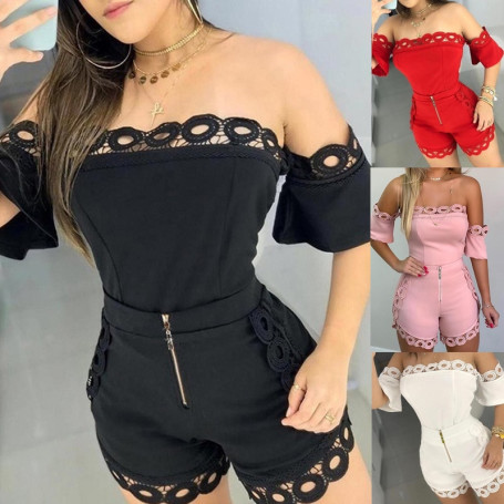 Women Lace Sets Sexy Summer Slash Neck Short Sleeve Solid Tops And High Zip Waist Fitness Short Pant Suits KXFS-OM8961