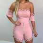 Women Lace Sets Sexy Summer Slash Neck Short Sleeve Solid Tops And High Zip Waist Fitness Short Pant Suits KXFS-OM8961