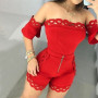 Women Lace Sets Sexy Summer Slash Neck Short Sleeve Solid Tops And High Zip Waist Fitness Short Pant Suits KXFS-OM8961