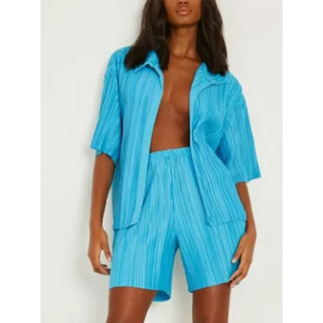 Women Tracksuit Two Piece Set Solid Color Single-breasted Short Sleeve Shirt Tops And Loose Mini Shorts Suit Female Outfits