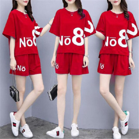 Casual Tracksuit Women Two Piece Set Summer T-Shirts And Shorts sets Solid Color Print Short Sleeve Top Tees Female Suits M-5XL