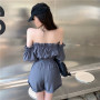 Casual Solid Color Female Outfits  Summer Sexy Straight Shoulder Crop Top + High Waist Drawstring Short Pants Suit Set