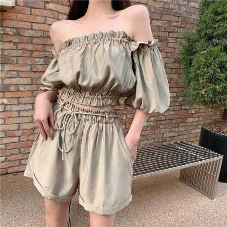 Casual Solid Color Female Outfits  Summer Sexy Straight Shoulder Crop Top + High Waist Drawstring Short Pants Suit Set