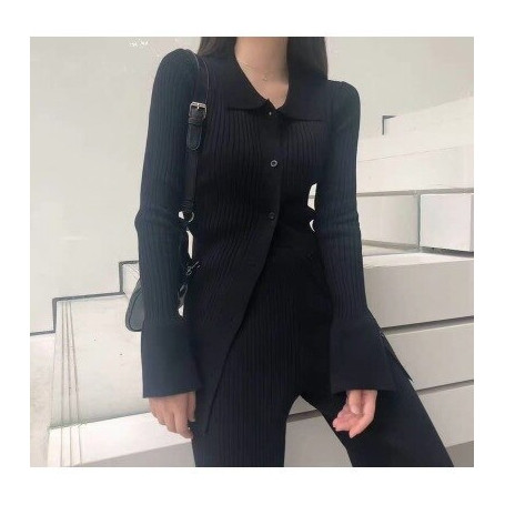 Knit Set Women Spring Two Piece Outfits Long Sleeve Single Breasted Top And Wide Leg Pants Ladies Solid Casual Suit Set