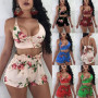 Spring Green Leaf Print Shorts Suits High Street Holiday Crop Blouse Top And A-line Shorts Women Sets Beach Sexy Sets