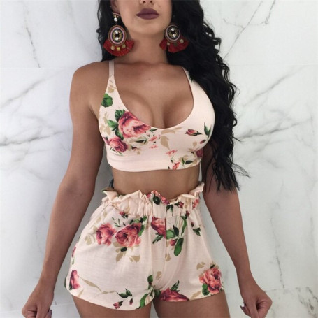 Spring Green Leaf Print Shorts Suits High Street Holiday Crop Blouse Top And A-line Shorts Women Sets Beach Sexy Sets