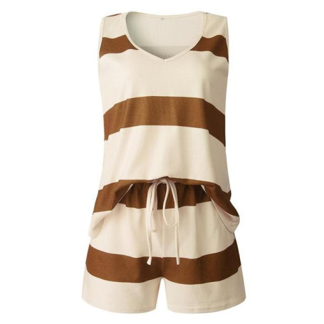 Summer 2 Pcs Suit Fashion Casual Deep V-neck Vest And Knitted Shorts Women's Sets Loose Striped Set For Ladies