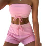 Summer Women Two-piece Outfits Sexy Solid Color Drawstrings Wrapped Chest Short Crop Top Shorts Seaside Sport Outwear Ladies Set