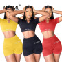 Simple Pure Color O Neck Short Sleeve Crop Top And Hot Short 2 Pieces Set Casual Lady Fashion Tracksuit