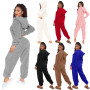 New autumn and winter long-sleeved hooded casual jumpsuit trousers plush homewear pajamas cute jumpsuit
