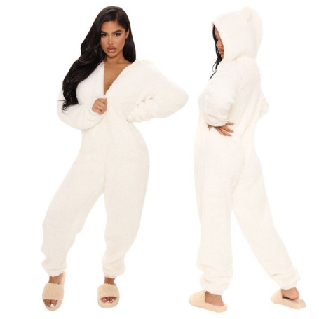 New autumn and winter long-sleeved hooded casual jumpsuit trousers plush homewear pajamas cute jumpsuit
