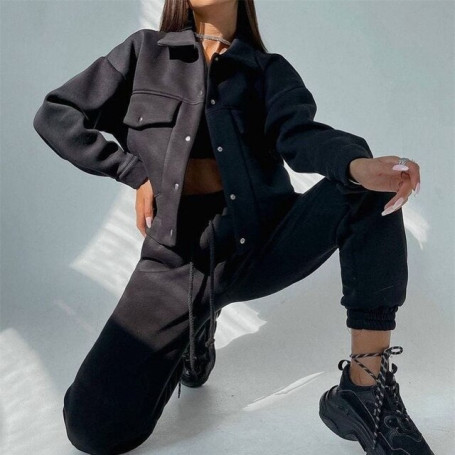 Jacket Set Woman 2 Pieces Long Sleeve Buttom Coat Casual Drawstring Trousers Suit Solid Fall Outfits