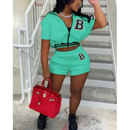 Summer New Hot Style Fashion Casual Sports Print Short Sleeved Zipper Top+Shorts Women Set