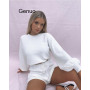 Long Sleeve Summer Casual O Neck White Khaki Two Piece Set Crop Top And Shorts Drawstring 2 Piece Women Sets Outfits