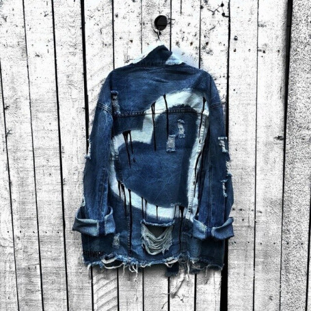 Women's Patchworkdenim Jacket Single Breasted Long Sleeve Hole Turn-Down Collar  Heart Print High Street Denim Coats