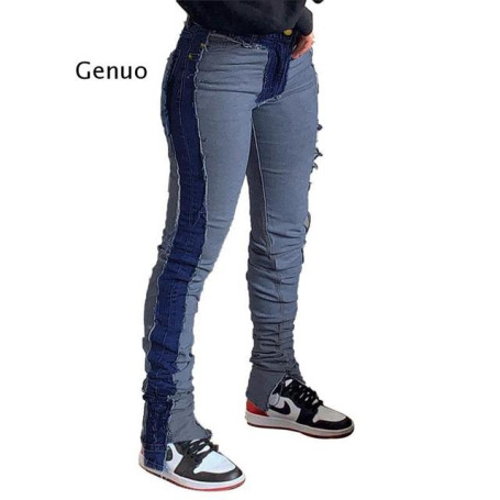 Streetwear Patchwork Stacked Skinny Baggy Jeans Xl Indie Aesthetic Vintage Low Rise Slit Denim Pants Straight Leg Jean Trousers