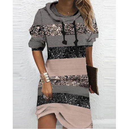 Women Casual Daily Wear MinI Dress Sweatshirt Dress Fashion Colorblock Striped Print Hooded Long Sleeve Dress