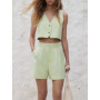 Kumsvag Summer Women Casual Suits 2 piece sets Solid V-Neck Linen Vests Coats and Shorts Female Sweet Street Suit Clothing