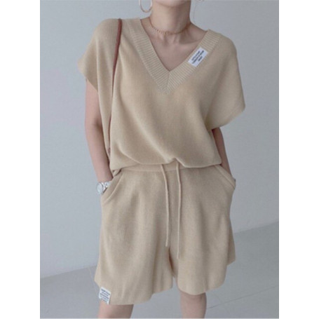 Casual Women's Shorts Tracksuit Summer Korean Loose V-Neck Top Elastic Waist Pants Knitted Two Piece Set Fashion Pullover Outfit