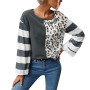 Hot Sale Women T-shirts Stripe Leopard Patchwork O-neck Loose Long Sleeve Aesthetic Clothes Blouses Футболка Женская Хлопок
