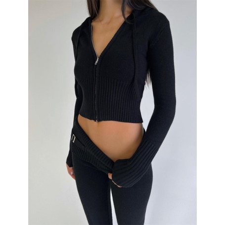 Taruxy Casual Suit Pants Outfits Women Autumn Long Sleeve Zipper Hoodie High Waist Flare Pants Knitted Two Piece Set Tracksuit