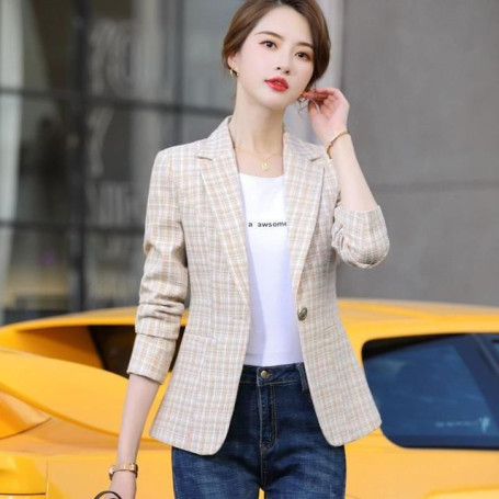 Slim Women's Suit Short Plaid Coat Women's Spring and Summer Blouse Chic and Elegant Woman Jacket Female Oversize