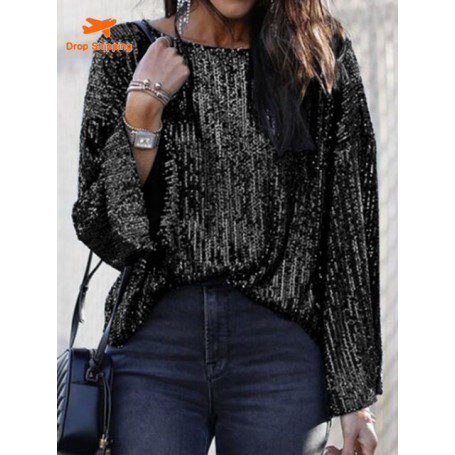 Spring Loose Round Neck Blouse Sequined Short Sleeve T-shirt Women's Blouse Ladies' Casual Sports T-shirt All Neon Store Clothes