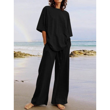 Fashion Women's 2-piece Set Summer Casual Half Sleeve O-neck Top and Wide Leg Pants Set Women's Sweatshirt Set