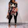 Women Fashion Two Piece Suit Sets Elegant Skinny Skew Neck Leopard Print Long Sleeve Split Hem Top and Pants Set