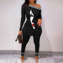 Women Fashion Two Piece Suit Sets Elegant Skinny Skew Neck Leopard Print Long Sleeve Split Hem Top and Pants Set