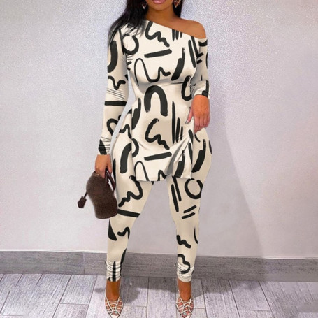 Women Fashion Two Piece Suit Sets Elegant Skinny Skew Neck Leopard Print Long Sleeve Split Hem Top and Pants Set