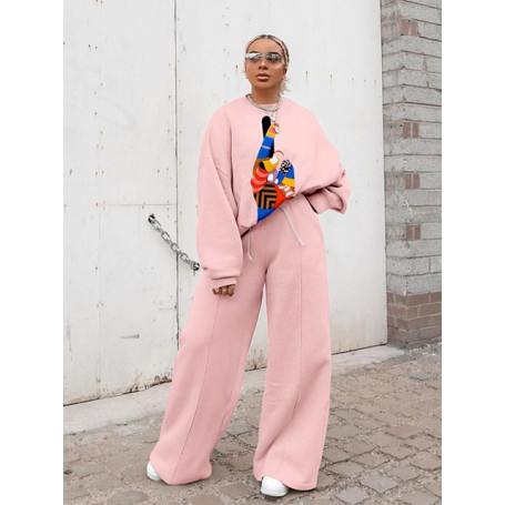 Oversize Tracksuit Women Two Piece Pants Sets Autumn Clothes Cartoon Print Pullover Sweatshirt Wide Leg Pants Suit Woman Outfits