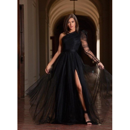 Summer Women Plus Size Slash Neck Mesh Dresses Charming High Waist One Sleeve See-through Slit Floor-length Gown Dress