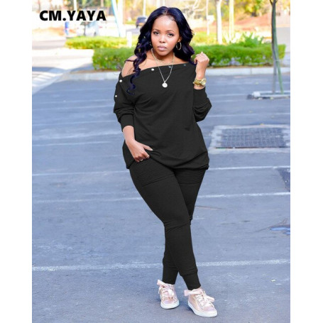 CM.YAYA Autumn Winter Elegant Women's Set Button Up Slash Neck Tops and Draped Pants Tracksuit Two Piece Set Fitness Outfits