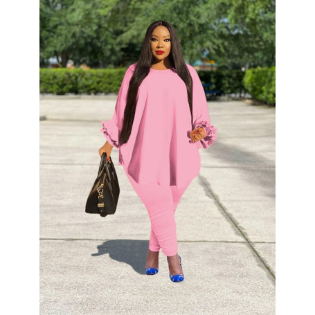 CM.YAYA Plus Size Women Pants Suit and Petal Long Sleeve Irregular Side T-shirt Fashion Two 2 Piece Set Outfits  Tracksuit