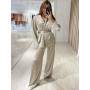 Fashion Satin Feather 2 Piece Set Elegant Long Sleeve Lapel Blouse Belt High Waist Pants Suit Autumn Female Casual Outfits