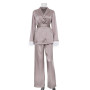 Fashion Satin Feather 2 Piece Set Elegant Long Sleeve Lapel Blouse Belt High Waist Pants Suit Autumn Female Casual Outfits